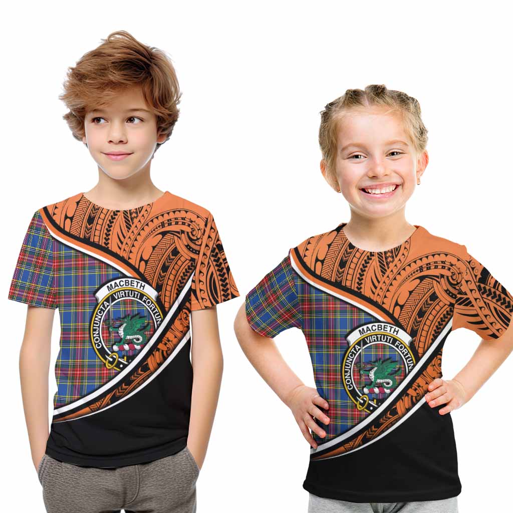 Tartan Vibes Clothing MacBeth (McBeth) Crest Tartan Kid T-Shirt with Maori Tattoo Style - Orange Version