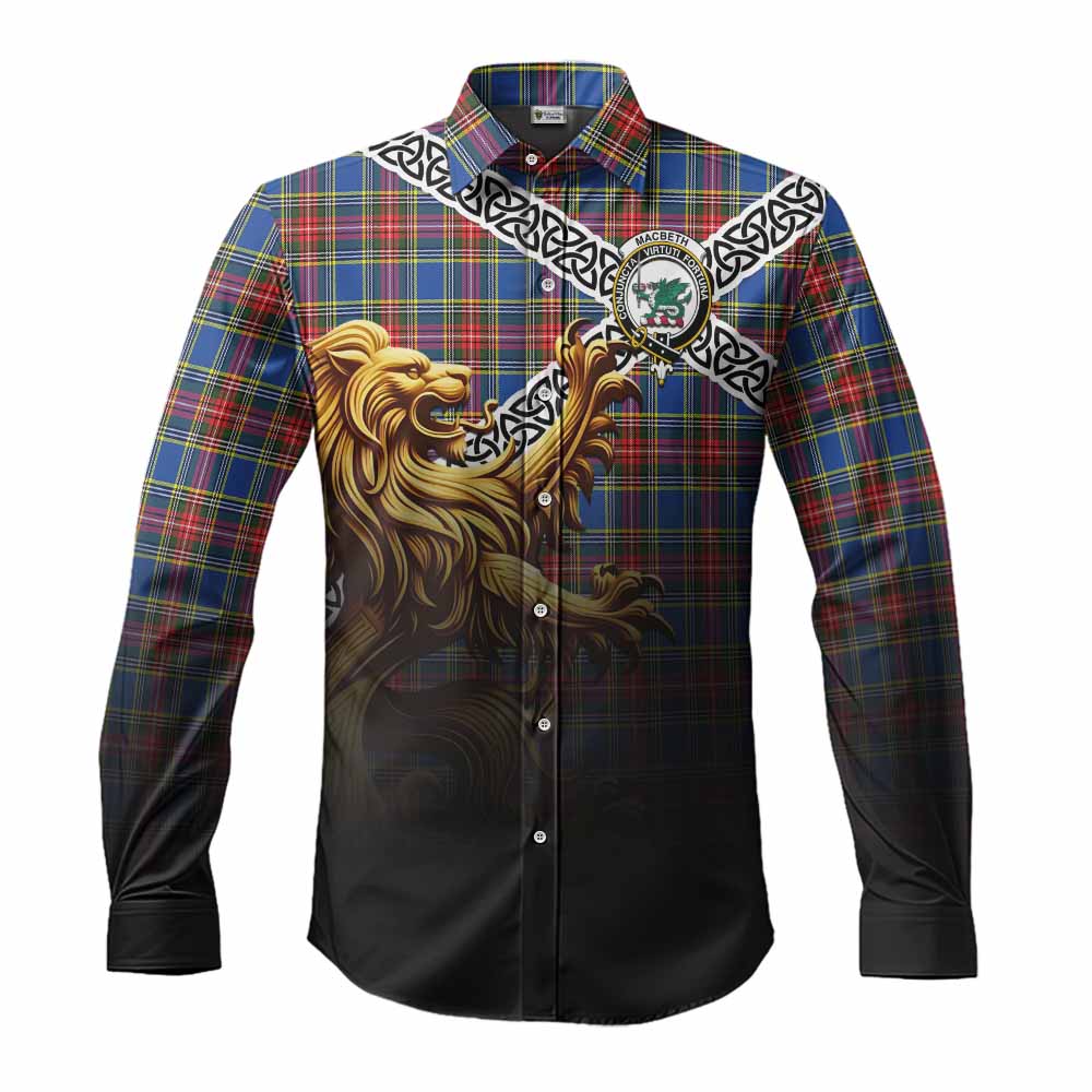 MacBeth (McBeth) Crest Tartan Long Sleeve Button Shirt with Golden Lion Emblem Celtic Style Men's Shirt S - Tartan Vibes Clothing