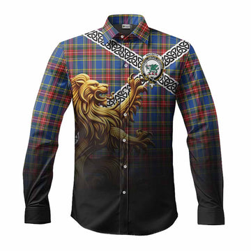 MacBeth (McBeth) Crest Tartan Long Sleeve Button Shirt with Golden Lion Emblem Celtic Style Men's Shirt S - Tartan Vibes Clothing