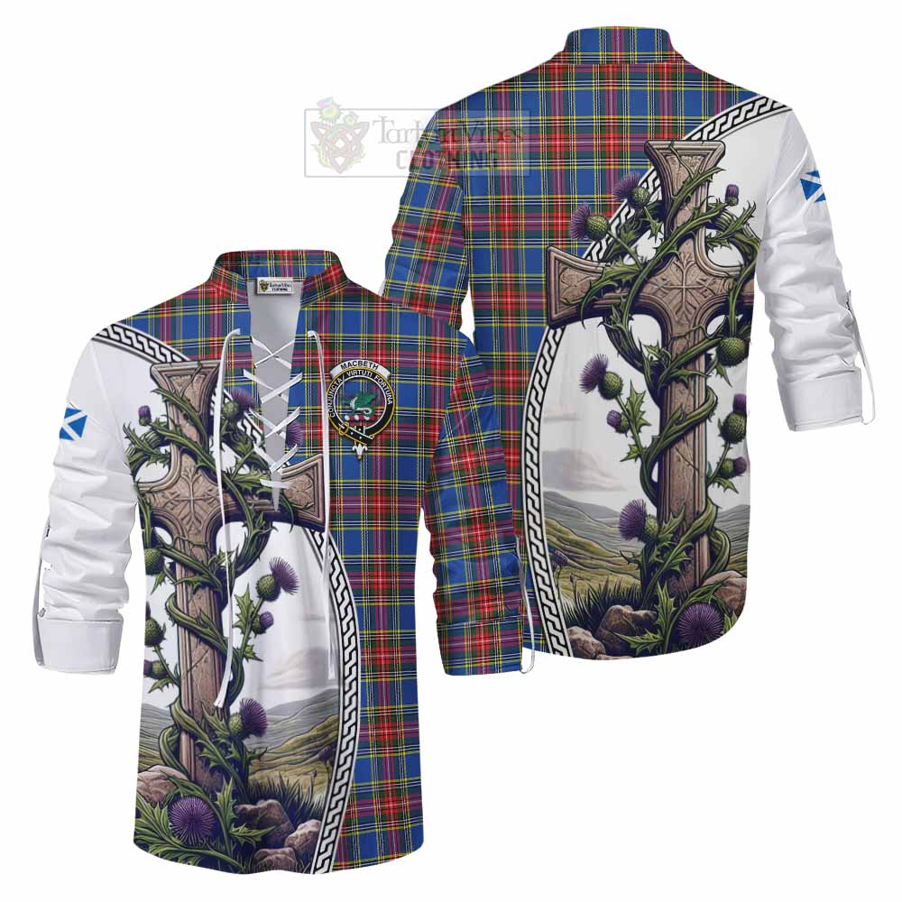 Tartan Vibes Clothing MacBeth (McBeth) Tartan Ghillie Kilt Shirt with Family Crest and St. Andrew's Cross Accented by Thistle Vines