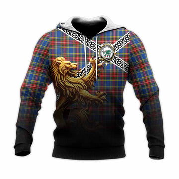 MacBeth (McBeth) Crest Tartan Knitted Hoodie with Golden Lion Emblem Celtic Style Unisex Knitted Pullover Hoodie - Tartan Vibes Clothing