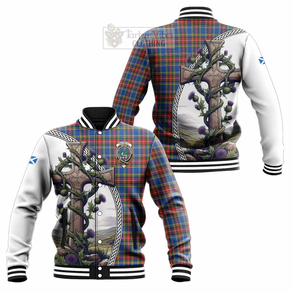 Tartan Vibes Clothing MacBeth (McBeth) Tartan Baseball Jacket with Family Crest and St. Andrew's Cross Accented by Thistle Vines