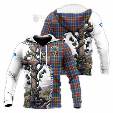 MacBeth (McBeth) Tartan Knitted Hoodie with Family Crest and St. Andrew's Cross Accented by Thistle Vines