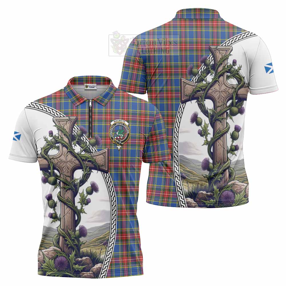 Tartan Vibes Clothing MacBeth (McBeth) Tartan Zipper Polo Shirt with Family Crest and St. Andrew's Cross Accented by Thistle Vines