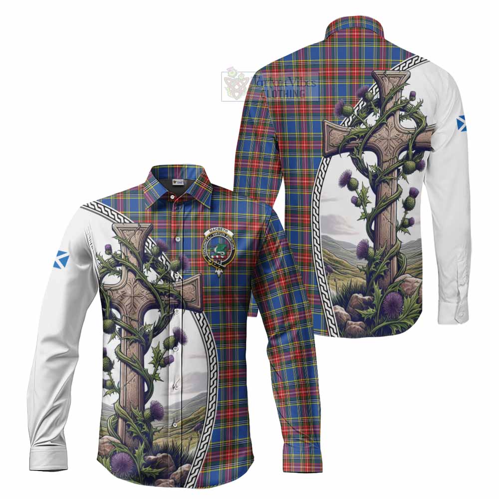 Tartan Vibes Clothing MacBeth (McBeth) Tartan Long Sleeve Button Shirt with Family Crest and St. Andrew's Cross Accented by Thistle Vines