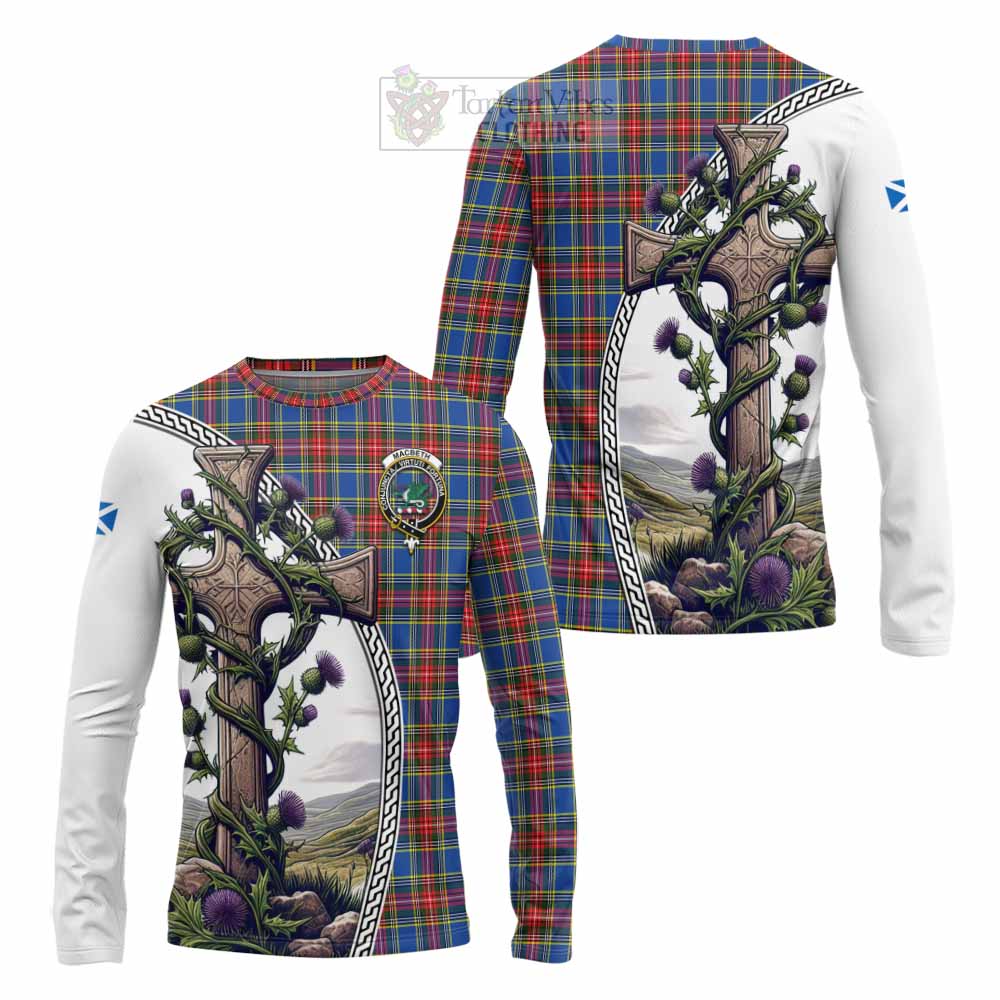 Tartan Vibes Clothing MacBeth (McBeth) Tartan Long Sleeve T-Shirt with Family Crest and St. Andrew's Cross Accented by Thistle Vines