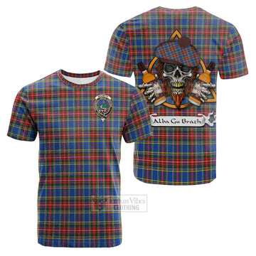 MacBeth (McBeth) Tartan Cotton T-shirt with Family Crest and Bearded Skull Holding Bottles of Whiskey