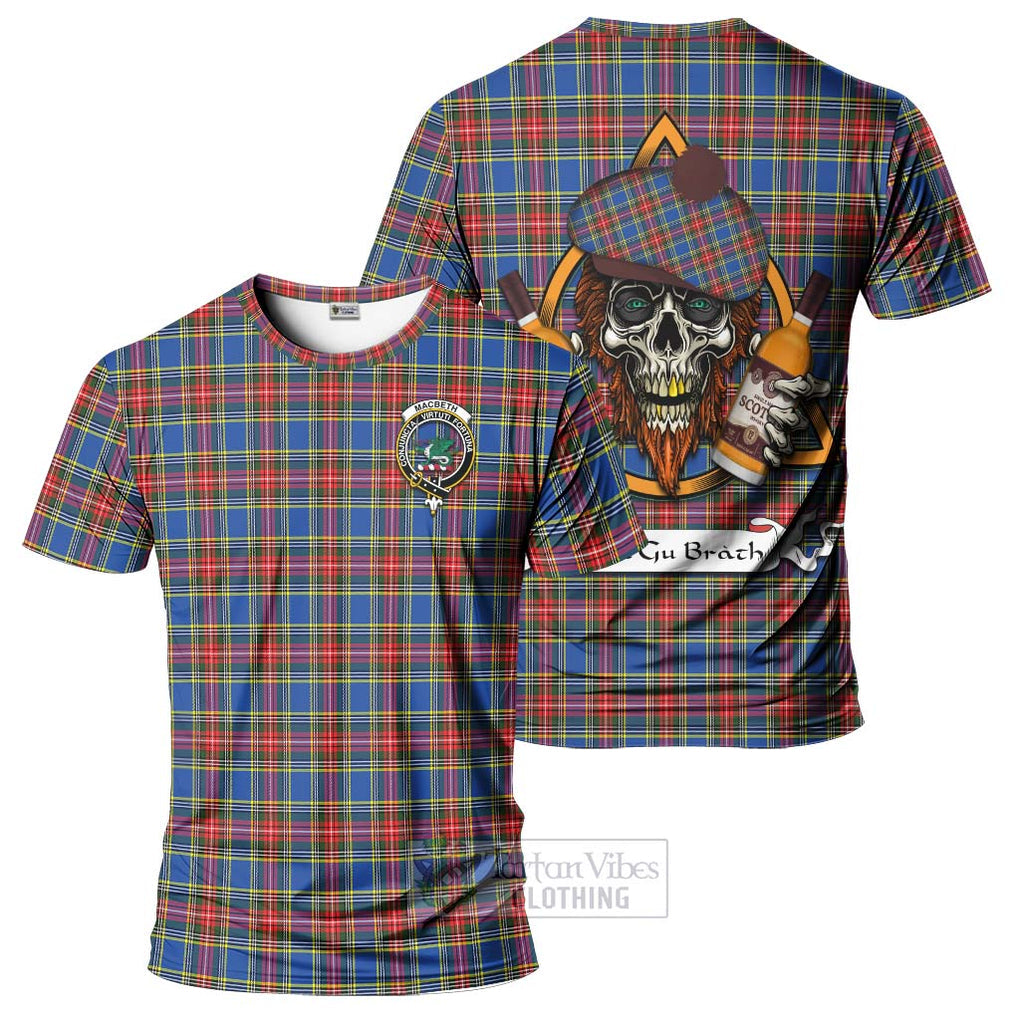 Tartan Vibes Clothing MacBeth (McBeth) Tartan T-Shirt with Family Crest and Bearded Skull Holding Bottles of Whiskey