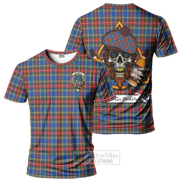 MacBeth (McBeth) Tartan T-Shirt with Family Crest and Bearded Skull Holding Bottles of Whiskey