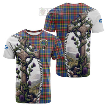 MacBeth (McBeth) Tartan Cotton T-shirt with Family Crest and St. Andrew's Cross Accented by Thistle Vines