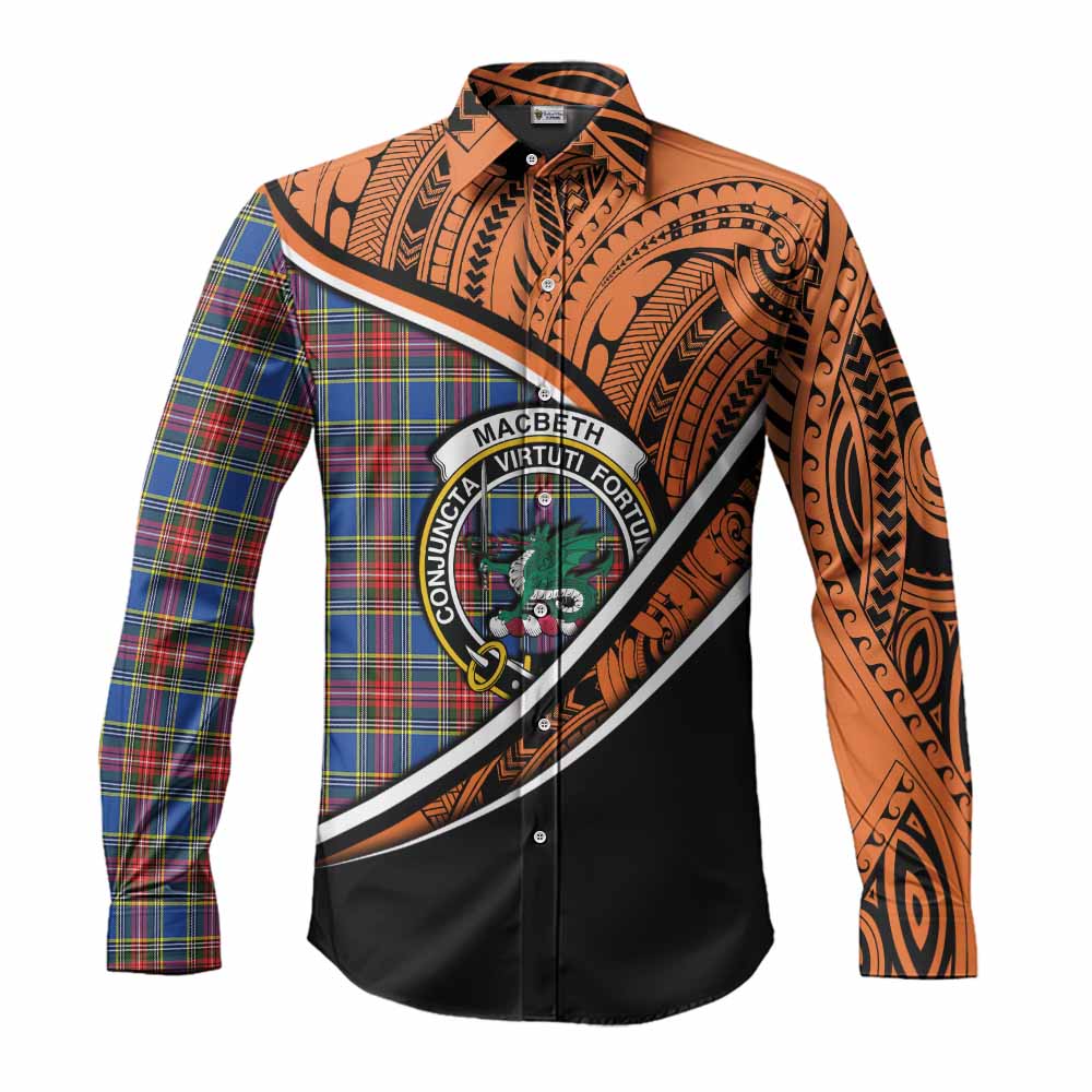 Tartan Vibes Clothing MacBeth (McBeth) Crest Tartan Long Sleeve Button Shirt with Maori Tattoo Style - Orange Version