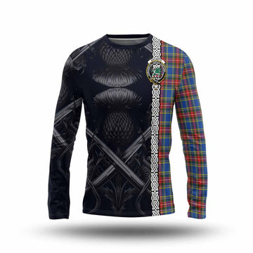 MacBeth (McBeth) Tartan Long Sleeve T-Shirt with Family Crest Cross Sword Thistle Celtic Vibes Unisex - Tartan Vibes Clothing