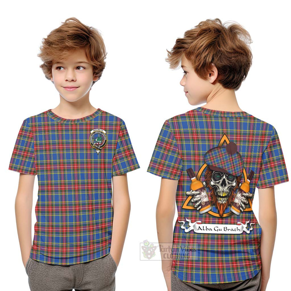 Tartan Vibes Clothing MacBeth (McBeth) Tartan Kid T-Shirt with Family Crest and Bearded Skull Holding Bottles of Whiskey