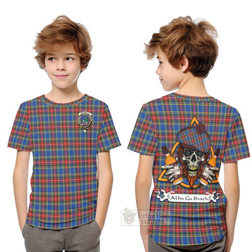 MacBeth (McBeth) Tartan Kid T-Shirt with Family Crest and Bearded Skull Holding Bottles of Whiskey