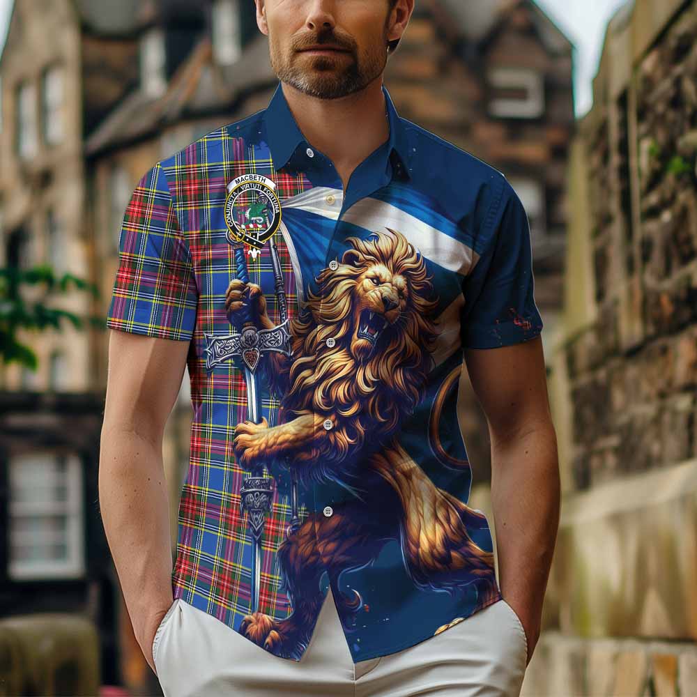 Tartan Vibes Clothing MacBeth (McBeth) Tartan Family Crest Short Sleeve Button Shirt with Scottish Majestic Lion