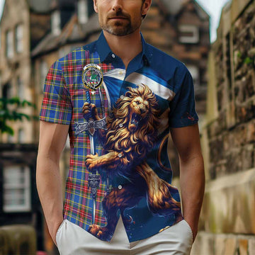 MacBeth (McBeth) Tartan Family Crest Short Sleeve Button Shirt with Scottish Majestic Lion