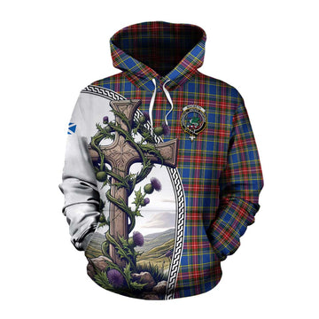 MacBeth (McBeth) Tartan Cotton Hoodie with Family Crest and St. Andrew's Cross Accented by Thistle Vines Pullover Hoodie XS - Tartan Vibes Clothing