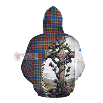 MacBeth (McBeth) Tartan Cotton Hoodie with Family Crest and St. Andrew's Cross Accented by Thistle Vines Pullover Hoodie - Tartan Vibes Clothing