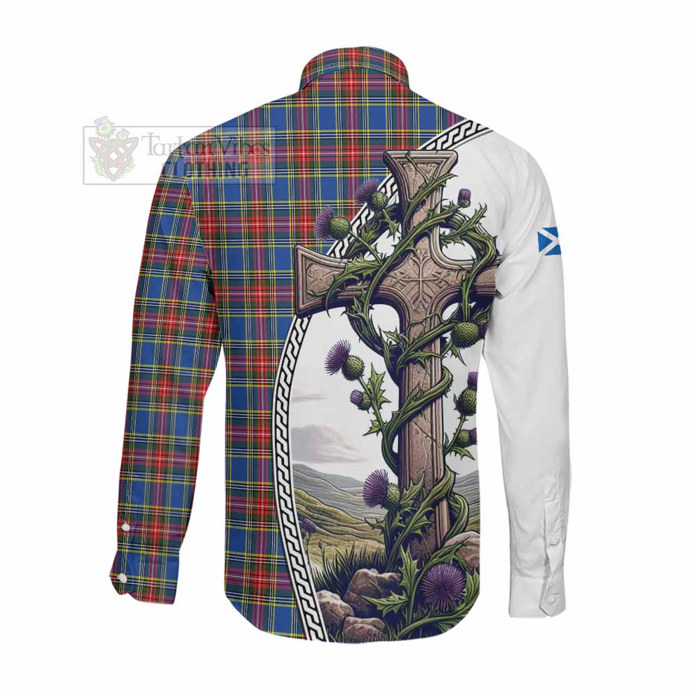 Tartan Vibes Clothing MacBeth (McBeth) Tartan Long Sleeve Button Shirt with Family Crest and St. Andrew's Cross Accented by Thistle Vines