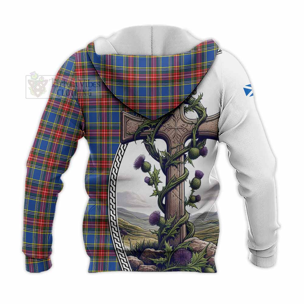 Tartan Vibes Clothing MacBeth (McBeth) Tartan Knitted Hoodie with Family Crest and St. Andrew's Cross Accented by Thistle Vines