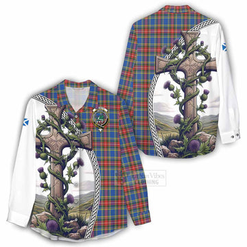 MacBeth (McBeth) Tartan Women's Casual Shirt with Family Crest and St. Andrew's Cross Accented by Thistle Vines