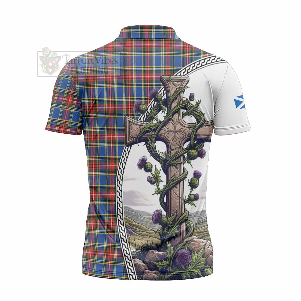 Tartan Vibes Clothing MacBeth (McBeth) Tartan Zipper Polo Shirt with Family Crest and St. Andrew's Cross Accented by Thistle Vines