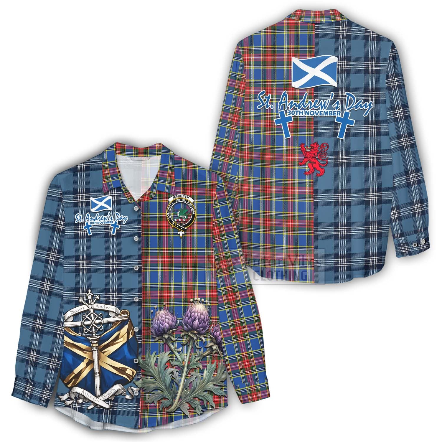 Tartan Vibes Clothing MacBeth (McBeth) Tartan Women's Casual Shirt Happy St. Andrew's Day Half Tartan Style