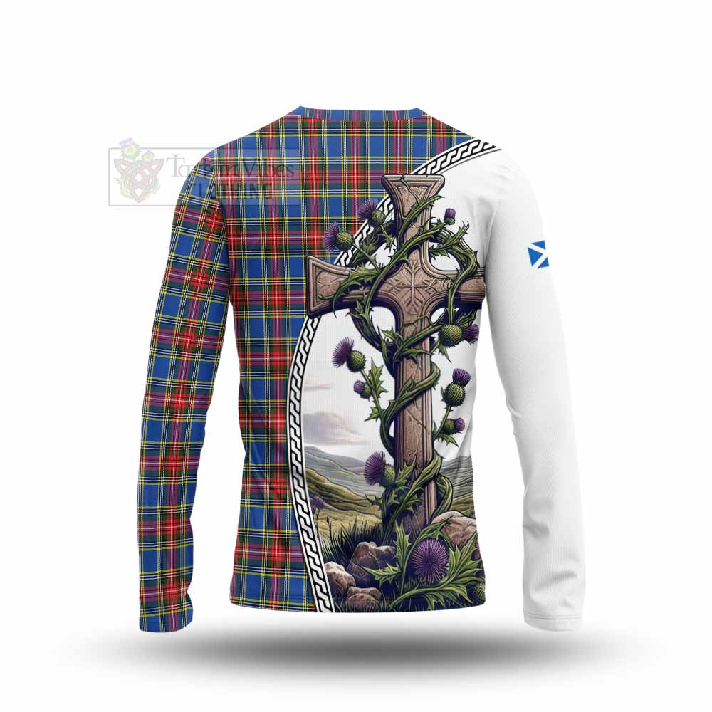 Tartan Vibes Clothing MacBeth (McBeth) Tartan Long Sleeve T-Shirt with Family Crest and St. Andrew's Cross Accented by Thistle Vines