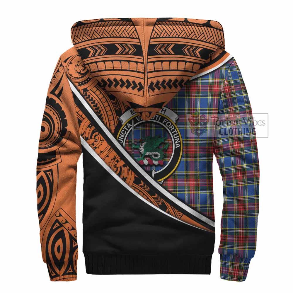 Tartan Vibes Clothing MacBeth (McBeth) Crest Tartan Sherpa Hoodie with Maori Tattoo Style - Orange Version