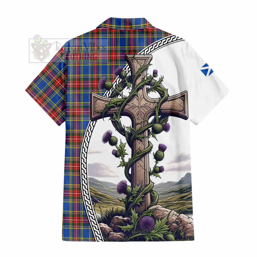 Tartan Vibes Clothing MacBeth (McBeth) Tartan Short Sleeve Button Shirt with Family Crest and St. Andrew's Cross Accented by Thistle Vines