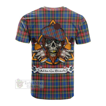 MacBeth (McBeth) Tartan Cotton T-shirt with Family Crest and Bearded Skull Holding Bottles of Whiskey