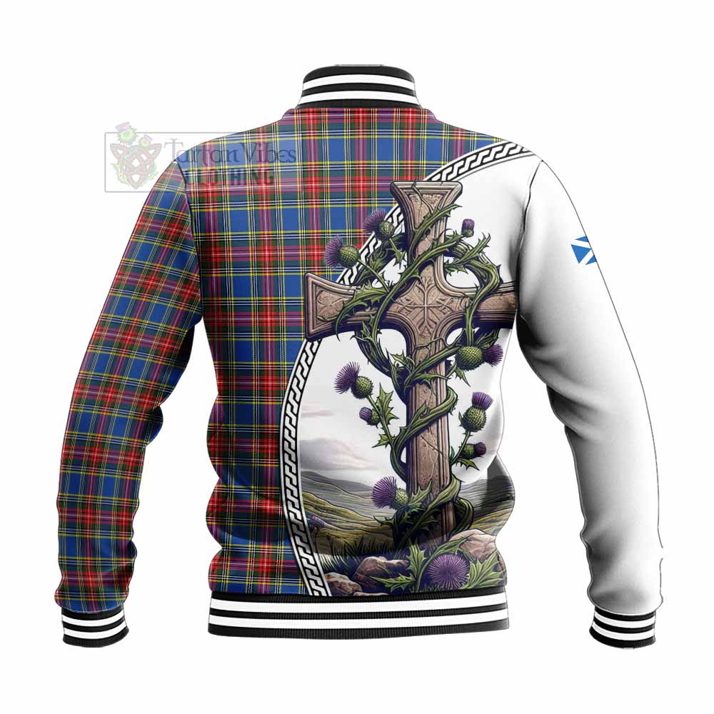 Tartan Vibes Clothing MacBeth (McBeth) Tartan Baseball Jacket with Family Crest and St. Andrew's Cross Accented by Thistle Vines