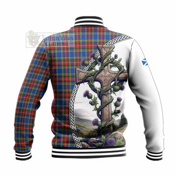 MacBeth (McBeth) Tartan Baseball Jacket with Family Crest and St. Andrew's Cross Accented by Thistle Vines