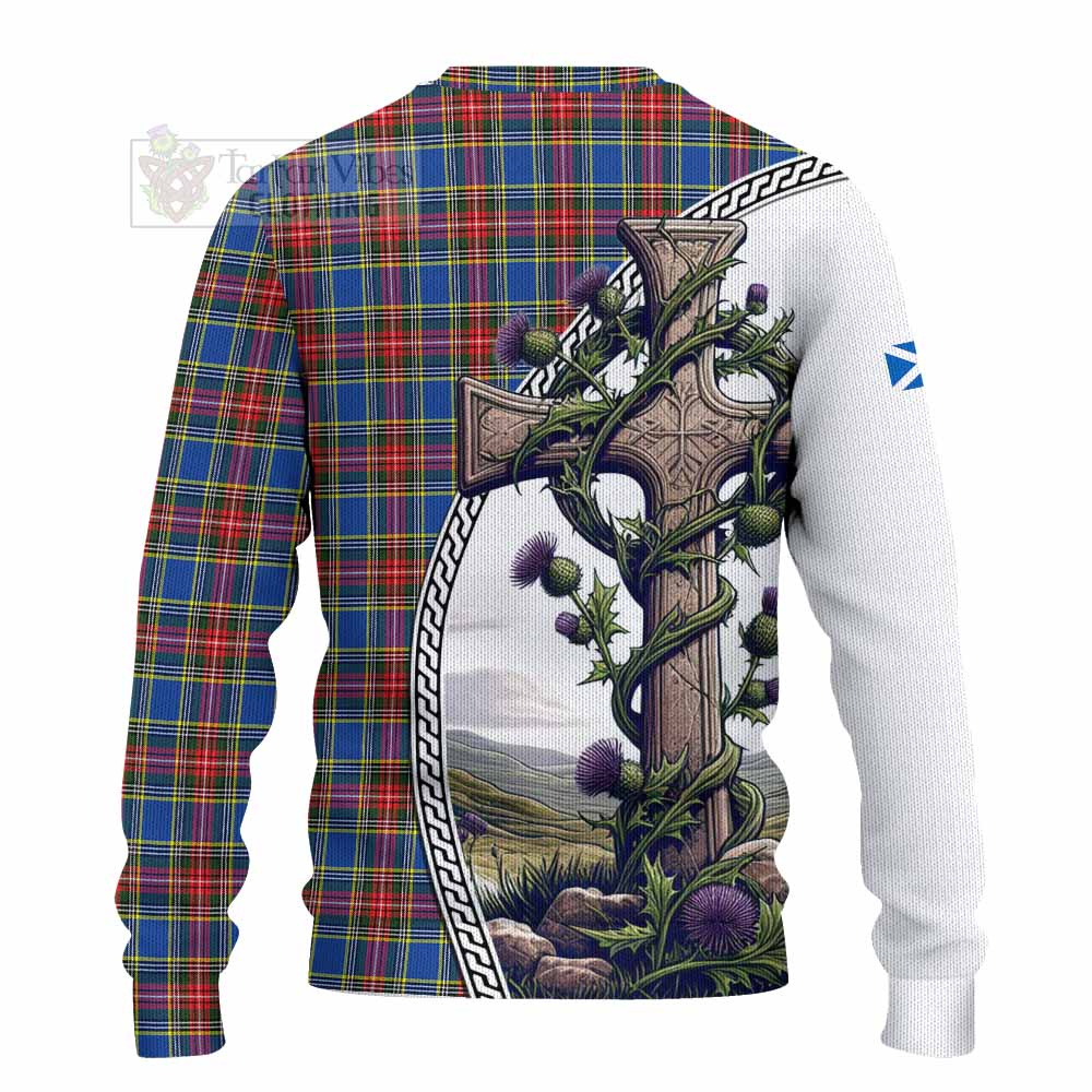 Tartan Vibes Clothing MacBeth (McBeth) Tartan Knitted Sweater with Family Crest and St. Andrew's Cross Accented by Thistle Vines