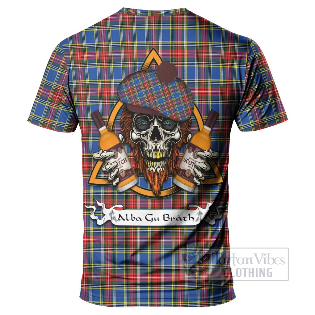 Tartan Vibes Clothing MacBeth (McBeth) Tartan T-Shirt with Family Crest and Bearded Skull Holding Bottles of Whiskey