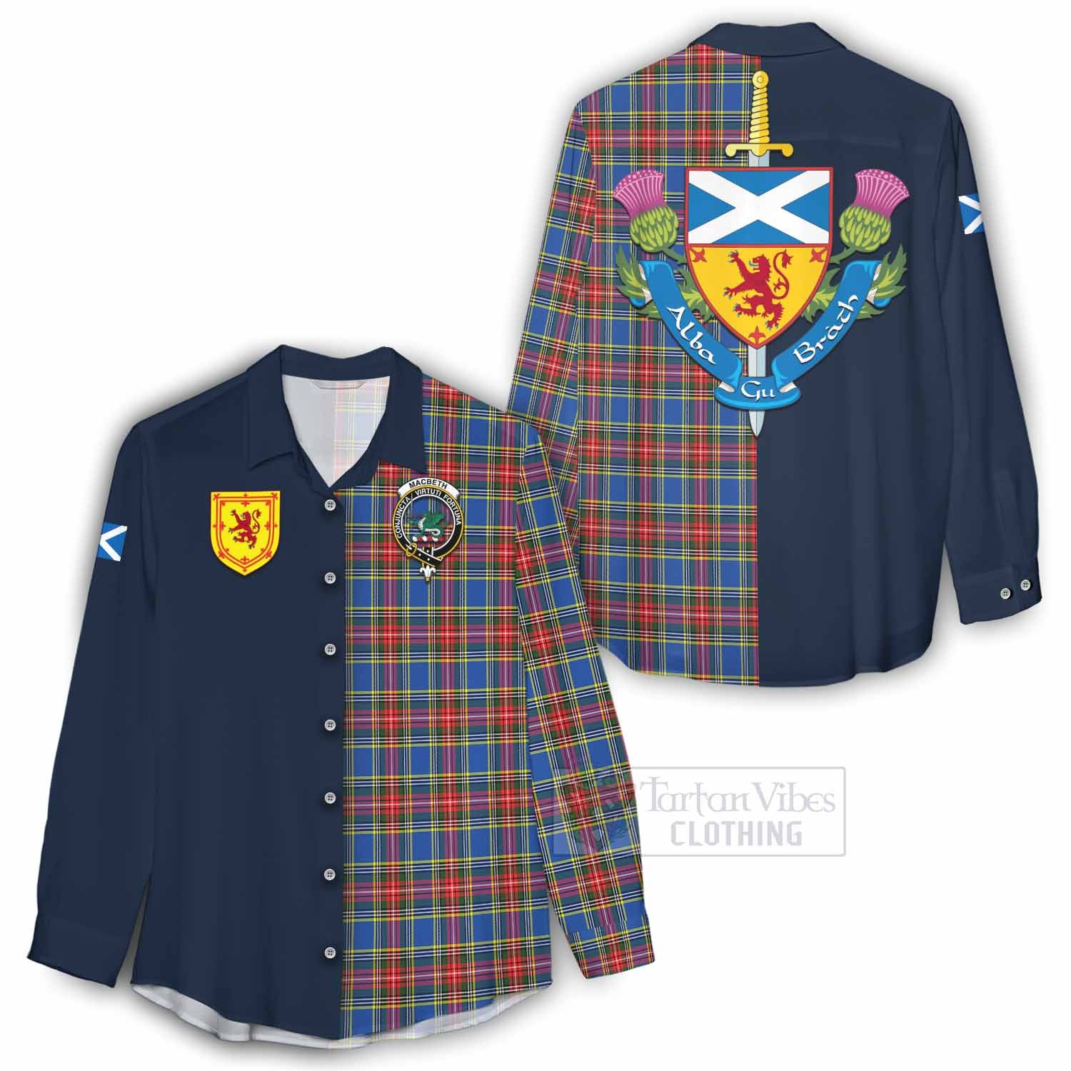 Tartan Vibes Clothing MacBeth (McBeth) Tartan Women's Casual Shirt Alba with Scottish Lion Royal Arm Half Style