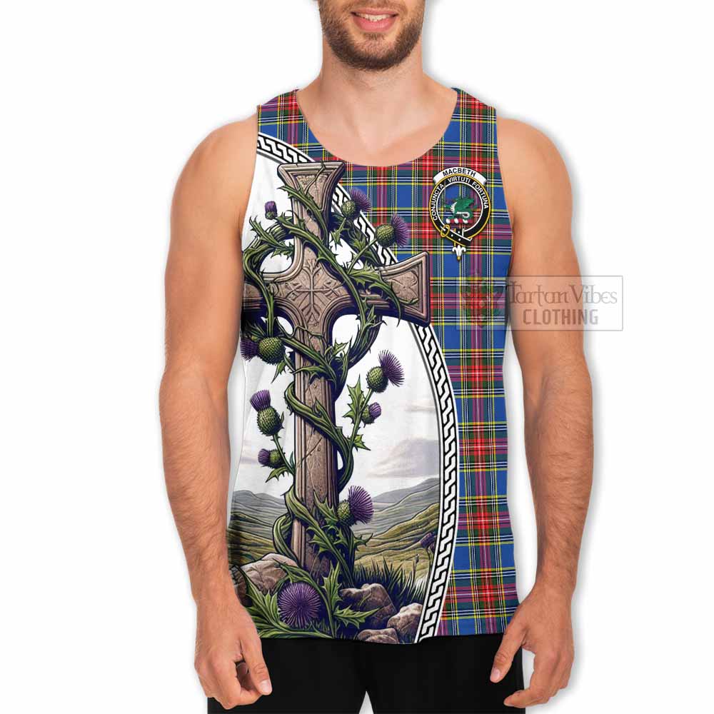 MacBeth (McBeth) Tartan Men's Tank Top with Family Crest and St. Andrew's Cross Accented by Thistle Vines - Tartan Vibes Clothing