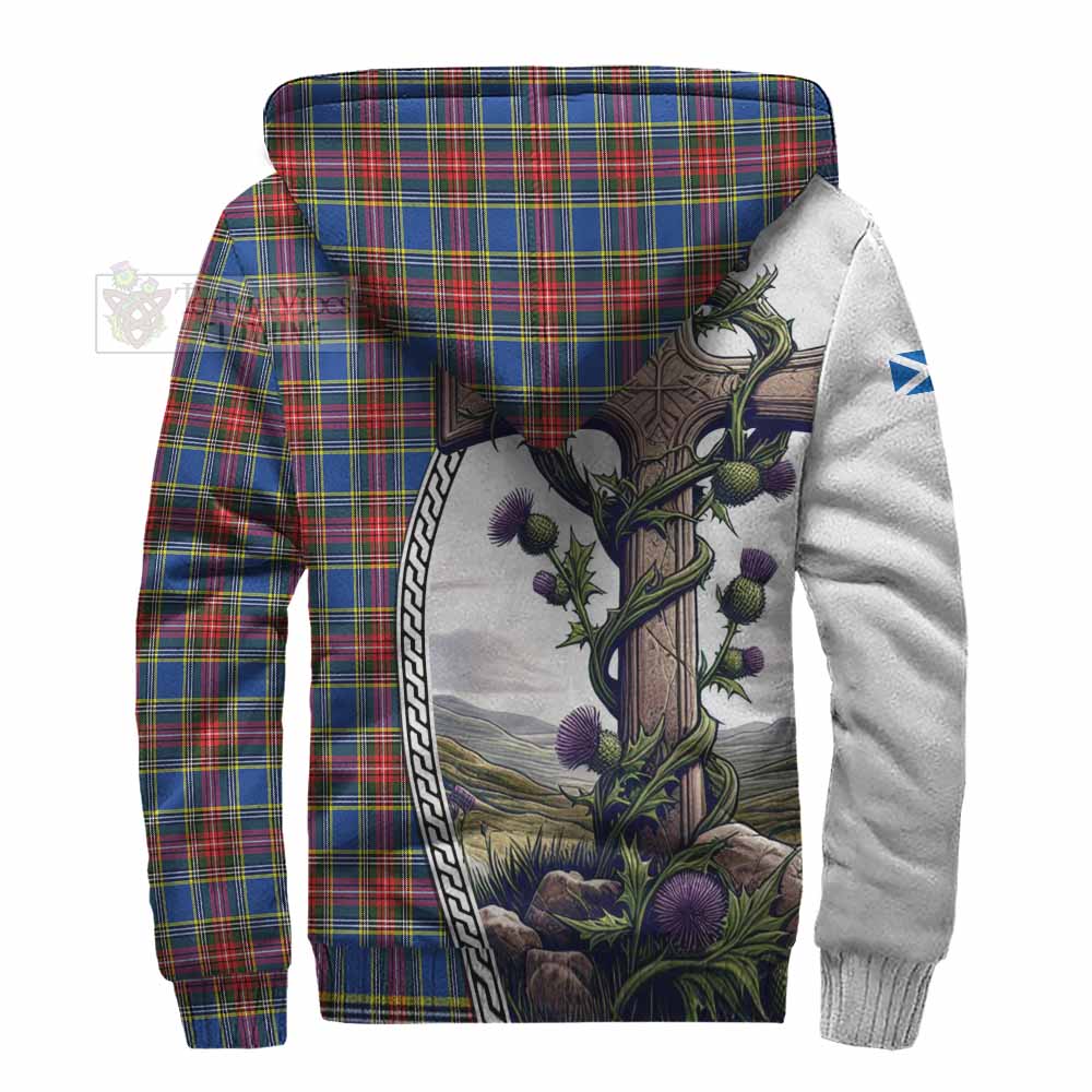 Tartan Vibes Clothing MacBeth (McBeth) Tartan Sherpa Hoodie with Family Crest and St. Andrew's Cross Accented by Thistle Vines