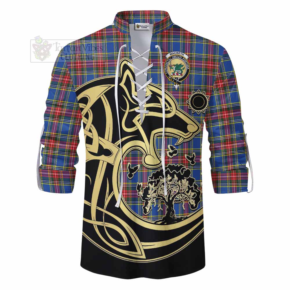 Tartan Vibes Clothing MacBeth (McBeth) Tartan Ghillie Kilt Shirt with Family Crest Celtic Wolf Style