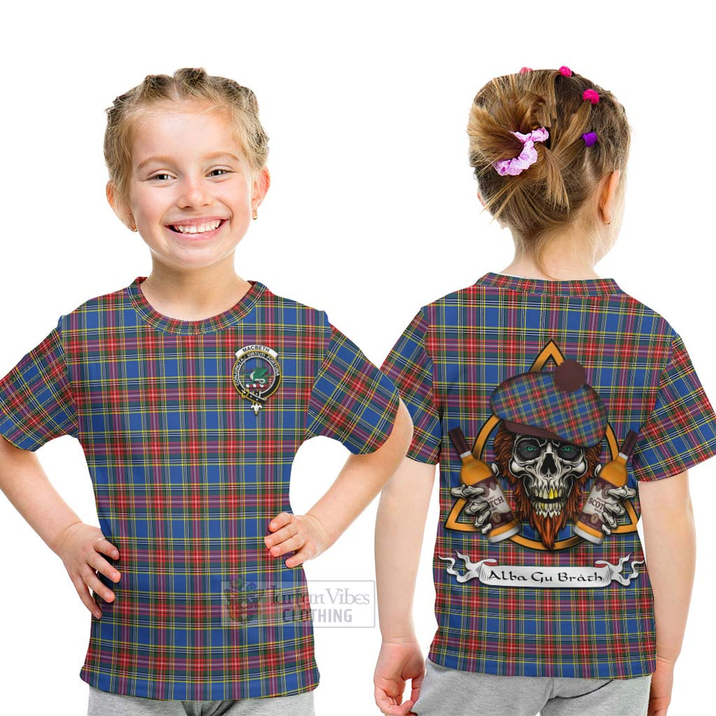 Tartan Vibes Clothing MacBeth (McBeth) Tartan Kid T-Shirt with Family Crest and Bearded Skull Holding Bottles of Whiskey