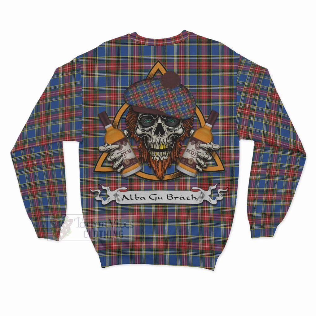 Tartan Vibes Clothing MacBeth (McBeth) Tartan Sweatshirt with Family Crest and Bearded Skull Holding Bottles of Whiskey