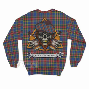 MacBeth (McBeth) Tartan Sweatshirt with Family Crest and Bearded Skull Holding Bottles of Whiskey