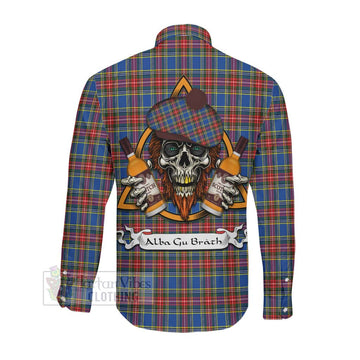 MacBeth (McBeth) Tartan Long Sleeve Button Shirt with Family Crest and Bearded Skull Holding Bottles of Whiskey