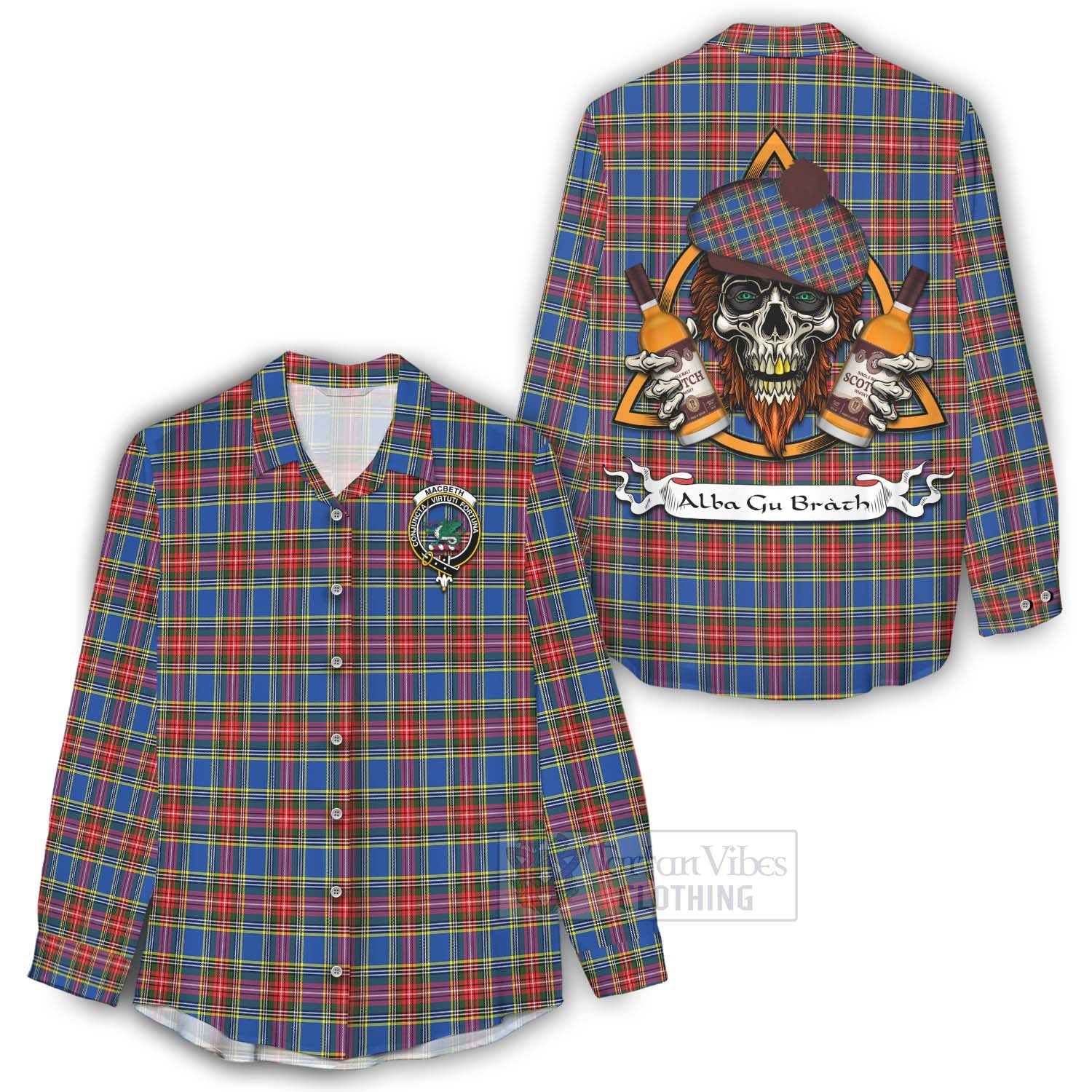 Tartan Vibes Clothing MacBeth (McBeth) Tartan Women's Casual Shirt with Family Crest and Bearded Skull Holding Bottles of Whiskey