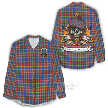 MacBeth (McBeth) Tartan Women's Casual Shirt with Family Crest and Bearded Skull Holding Bottles of Whiskey