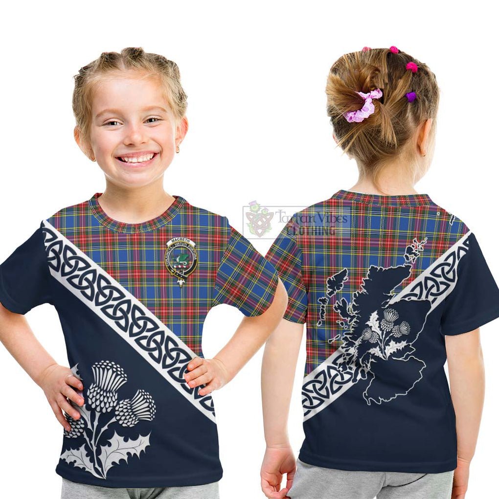 Tartan Vibes Clothing MacBeth (McBeth) Tartan Kid T-Shirt Featuring Thistle and Scotland Map