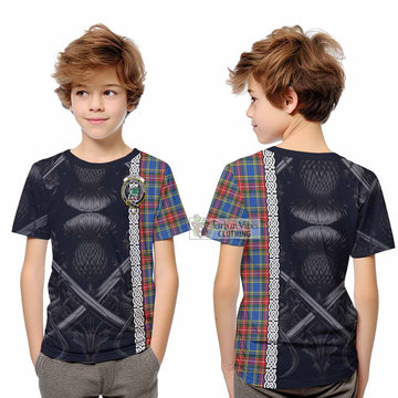 MacBeth (McBeth) Tartan Kid T-Shirt with Family Crest Cross Sword Thistle Celtic Vibes - Tartan Vibes Clothing
