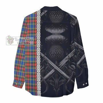 MacBeth (McBeth) Tartan Women's Casual Shirt with Family Crest Cross Sword Thistle Celtic Vibes - Tartan Vibes Clothing