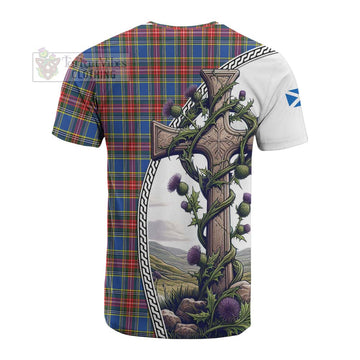 MacBeth (McBeth) Tartan Cotton T-shirt with Family Crest and St. Andrew's Cross Accented by Thistle Vines