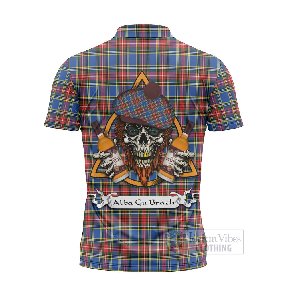 Tartan Vibes Clothing MacBeth (McBeth) Tartan Zipper Polo Shirt with Family Crest and Bearded Skull Holding Bottles of Whiskey